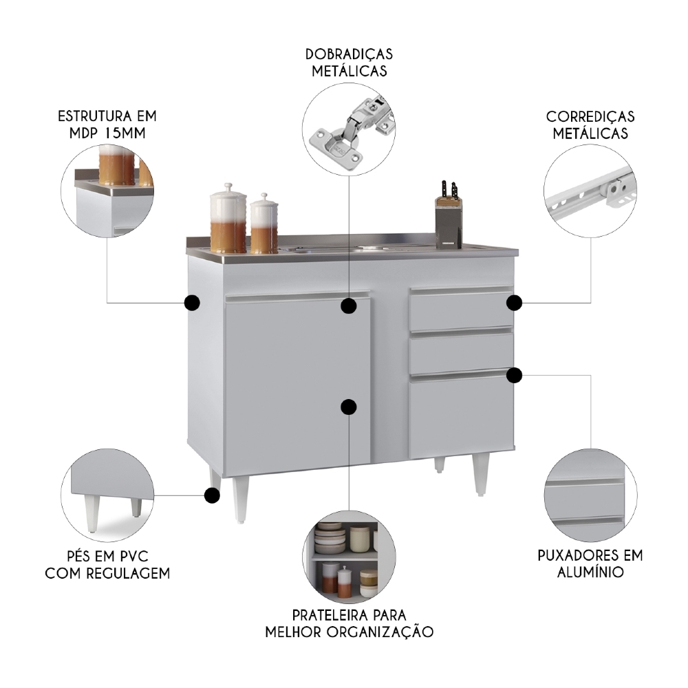 Balcão de Cozinha Com Pia Inox 100cm Luziania Cinza Claro   - Lumil