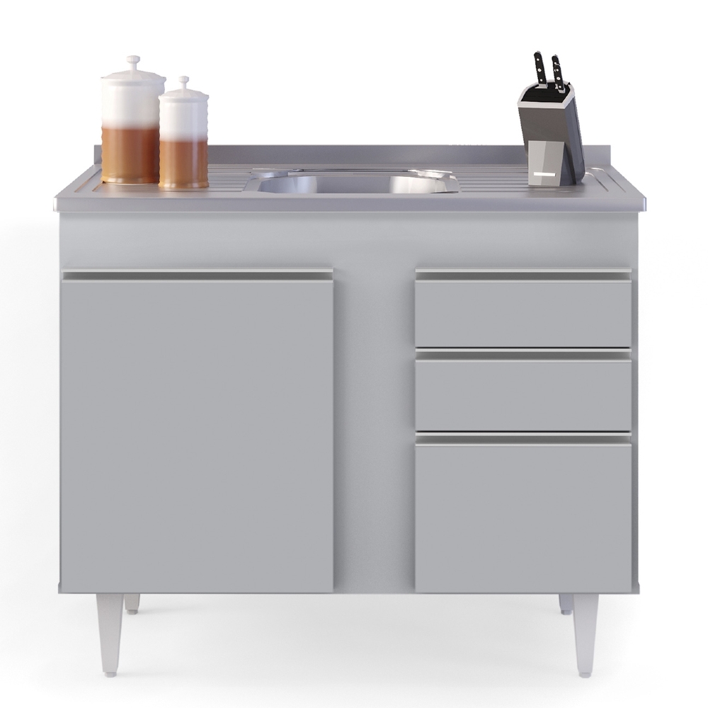 Balcão de Cozinha Com Pia Inox 100cm Luziania Cinza Claro   - Lumil