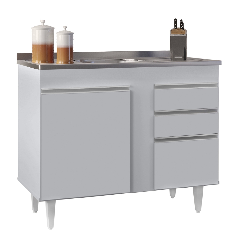 Balcão de Cozinha Com Pia Inox 100cm Luziania Cinza Claro   - Lumil