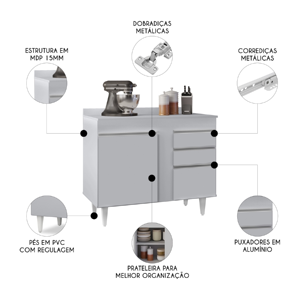 Balcão de Cozinha Para Pia Com Tampo 100cm Luziania Cinza Claro - Lumil