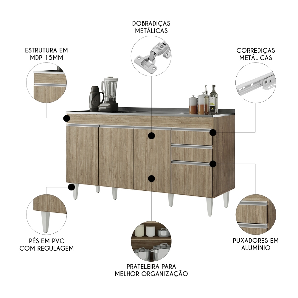 Balcão de Cozinha Com Pia Inox 150cm Marrocos Castanho      - Lumil