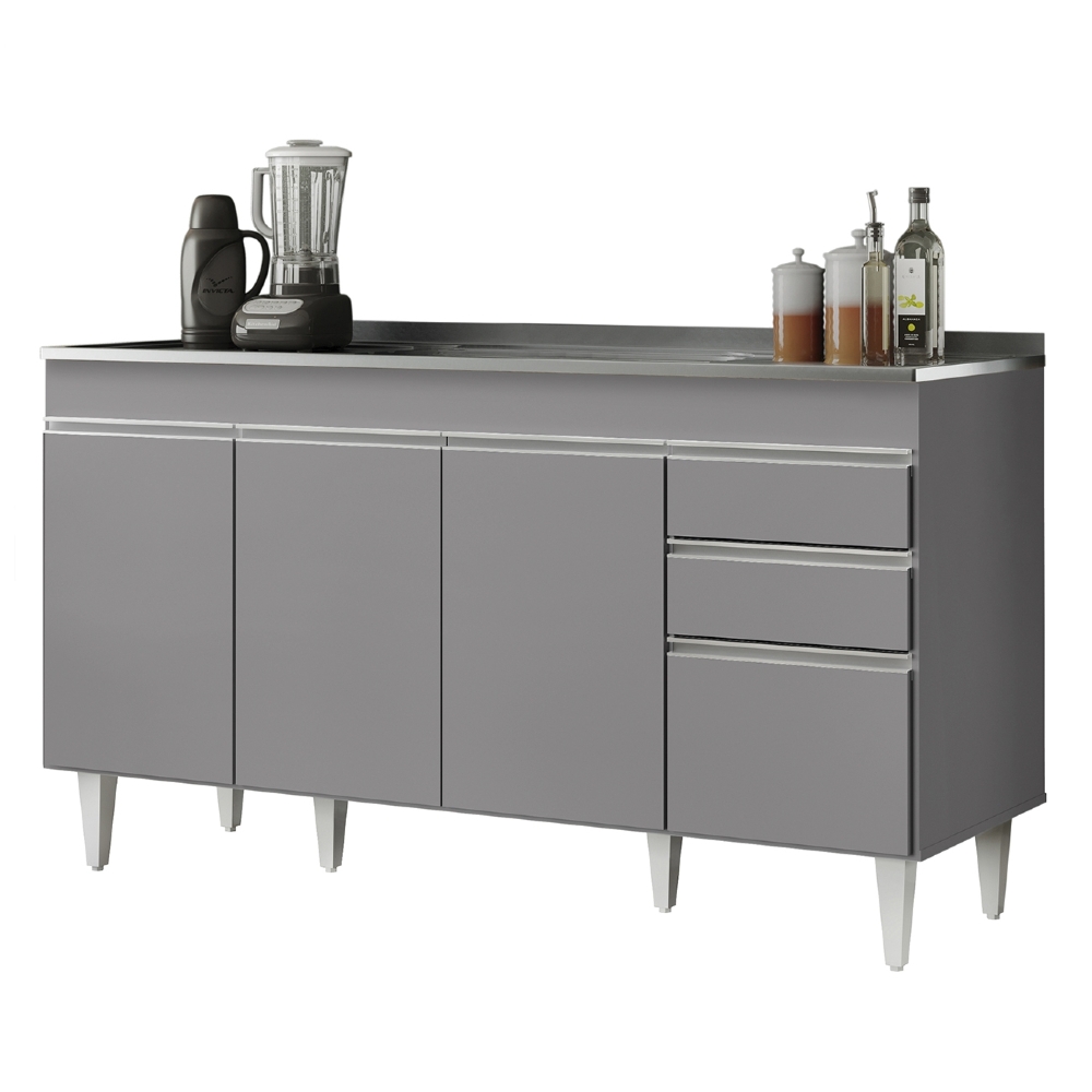 Balcão de Cozinha Com Pia Inox 150cm Marrocos Cinza         - Lumil