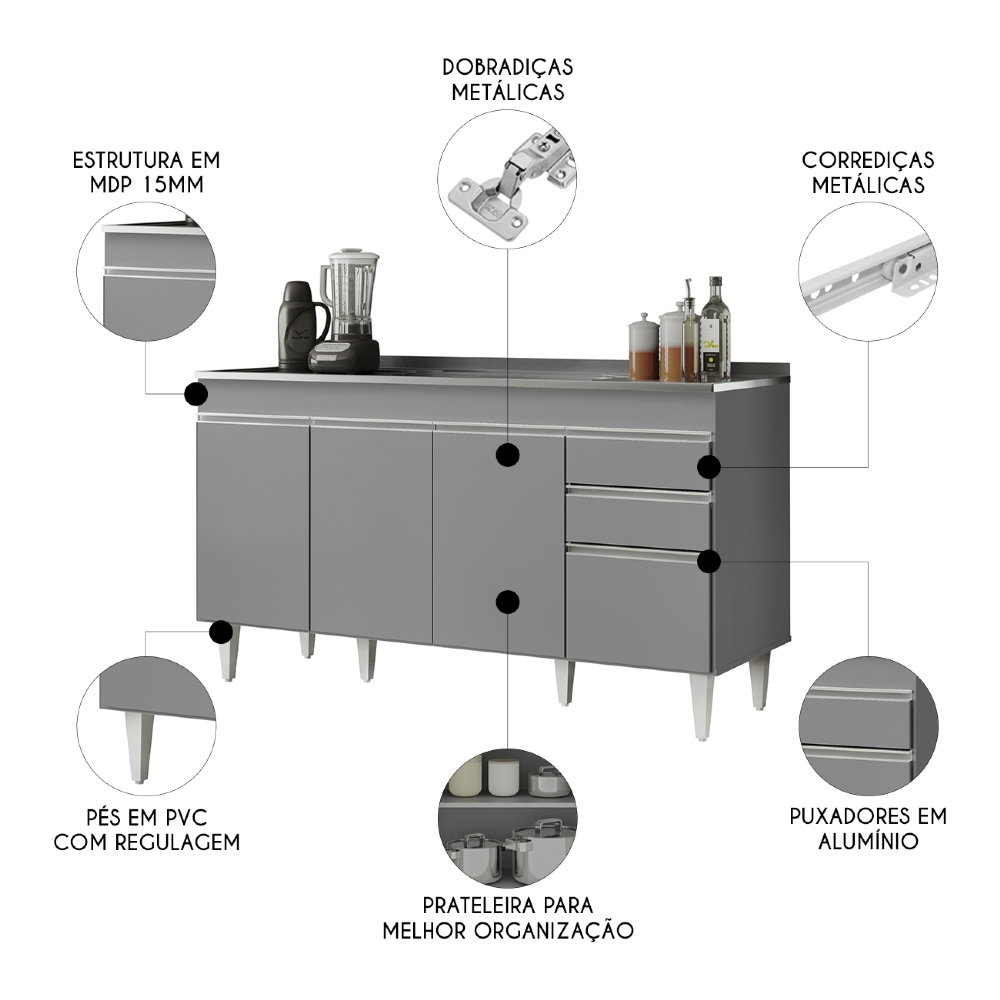 Balcão de Cozinha Com Pia Inox 150cm Marrocos Cinza         - Lumil