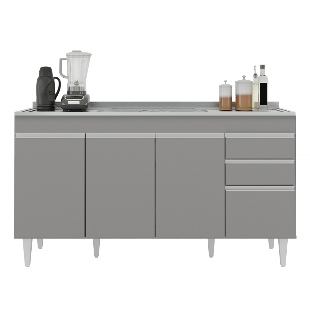 Balcão de Cozinha Com Pia Inox 150cm Marrocos Cinza         - Lumil