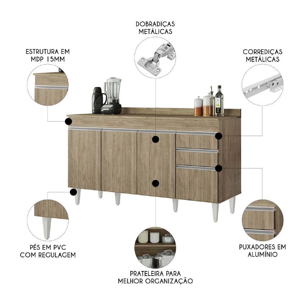 Balcão de Cozinha Para Pia Com Tampo 150cm Marrocos Castanho - Lumil