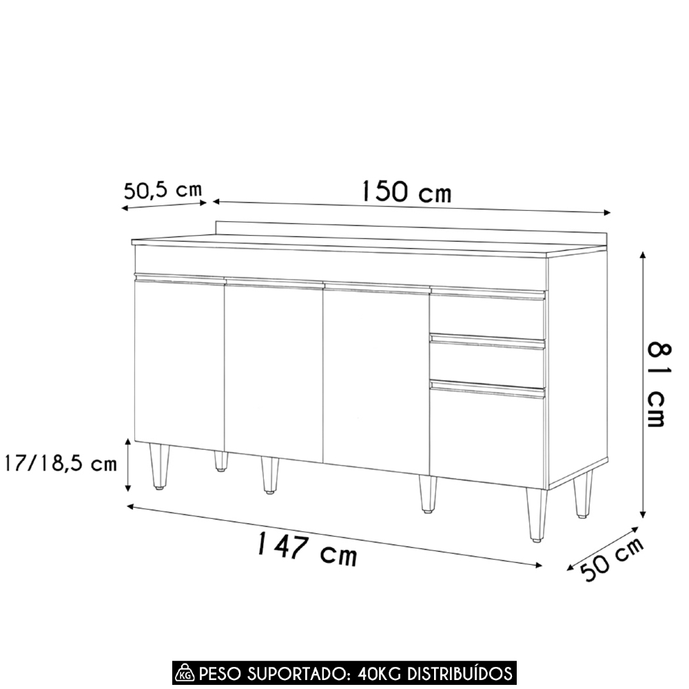 Balcão de Cozinha Para Pia Com Tampo 150cm Marrocos Castanho - Lumil