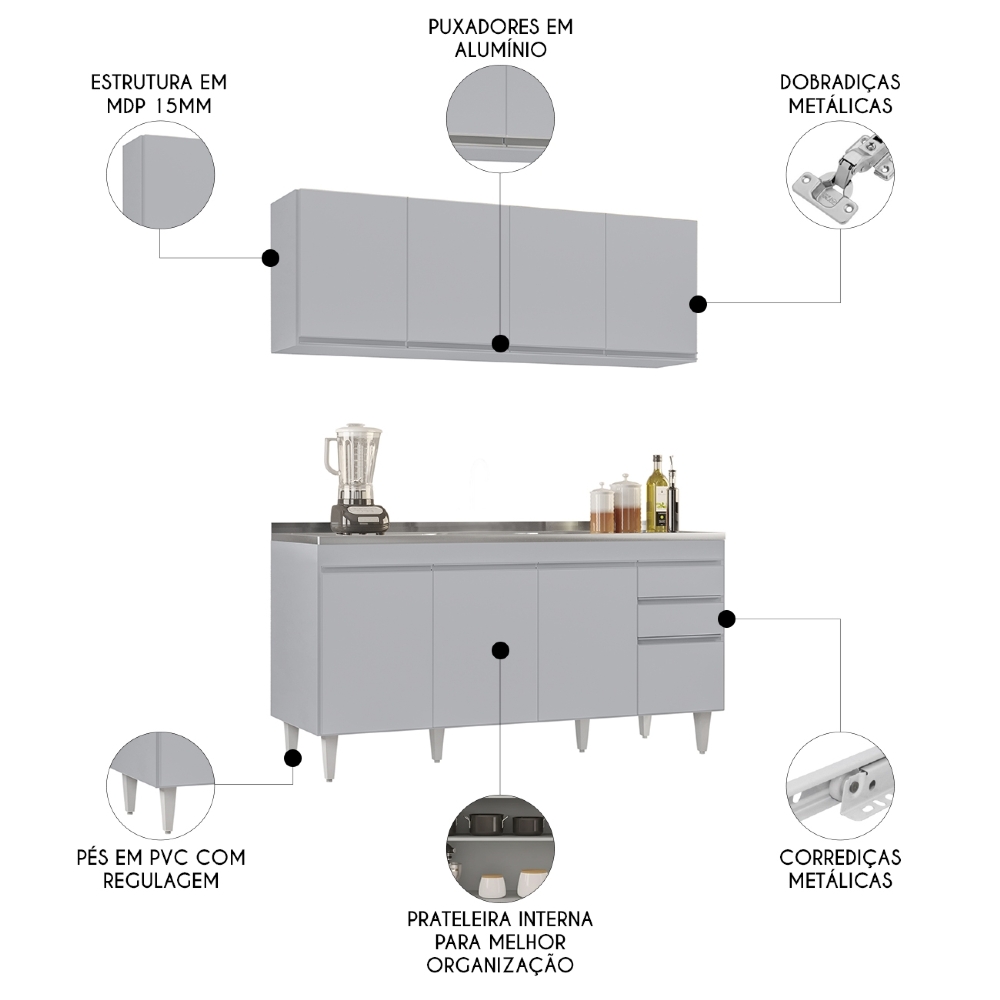 Armário Cozinha e Balcão Com Pia 160cm Arkansas Cinza Claro - Lumil