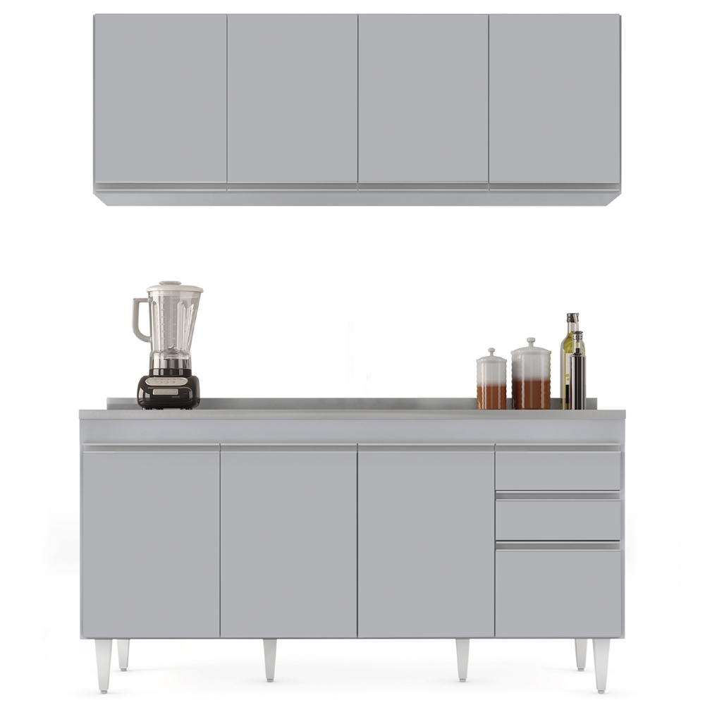 Armário Cozinha e Balcão Com Pia 160cm Arkansas Cinza Claro - Lumil