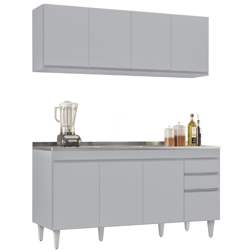 Armário Cozinha e Balcão Com Pia 160cm Arkansas Cinza Claro - Lumil