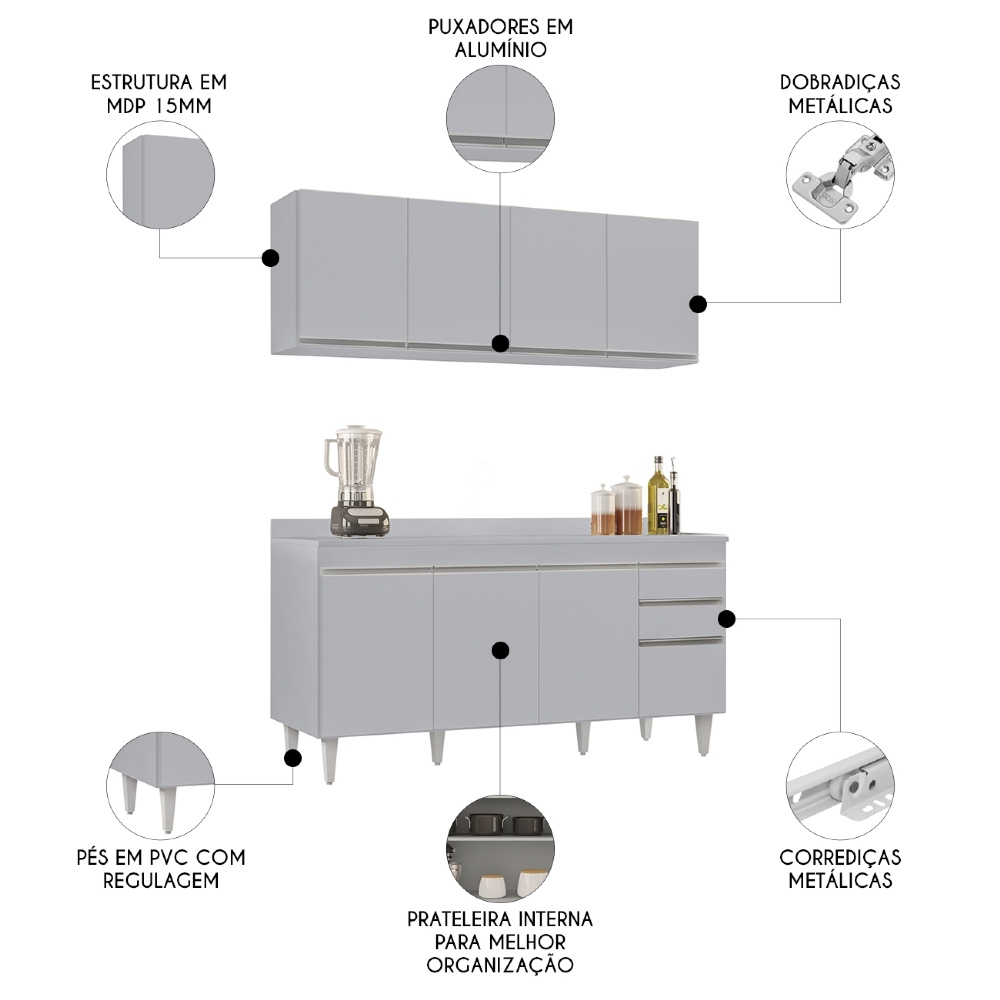 Armário Cozinha e Balcão Com Tampo 160cm Arkansas Cinza Claro - Lumil