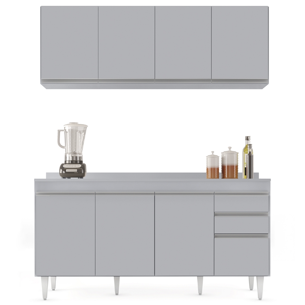 Armário Cozinha e Balcão Com Tampo 160cm Arkansas Cinza Claro - Lumil