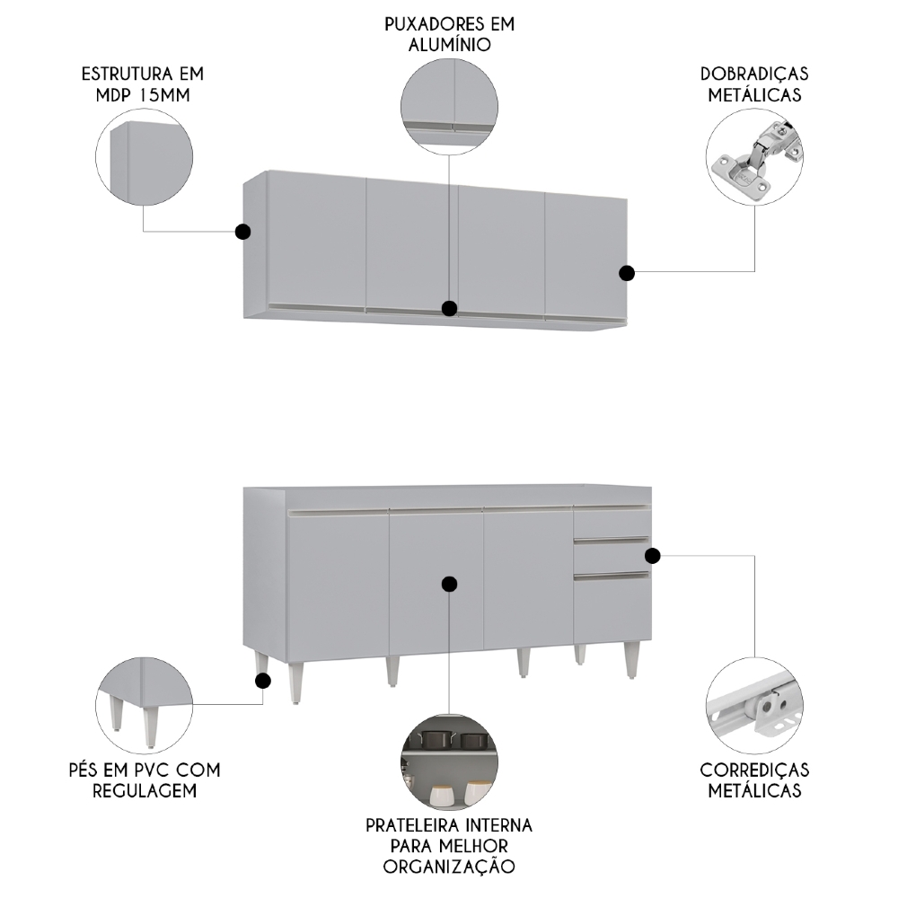 Armário Cozinha e Balcão Para Pia 160cm Arkansas Cinza Claro - Lumil