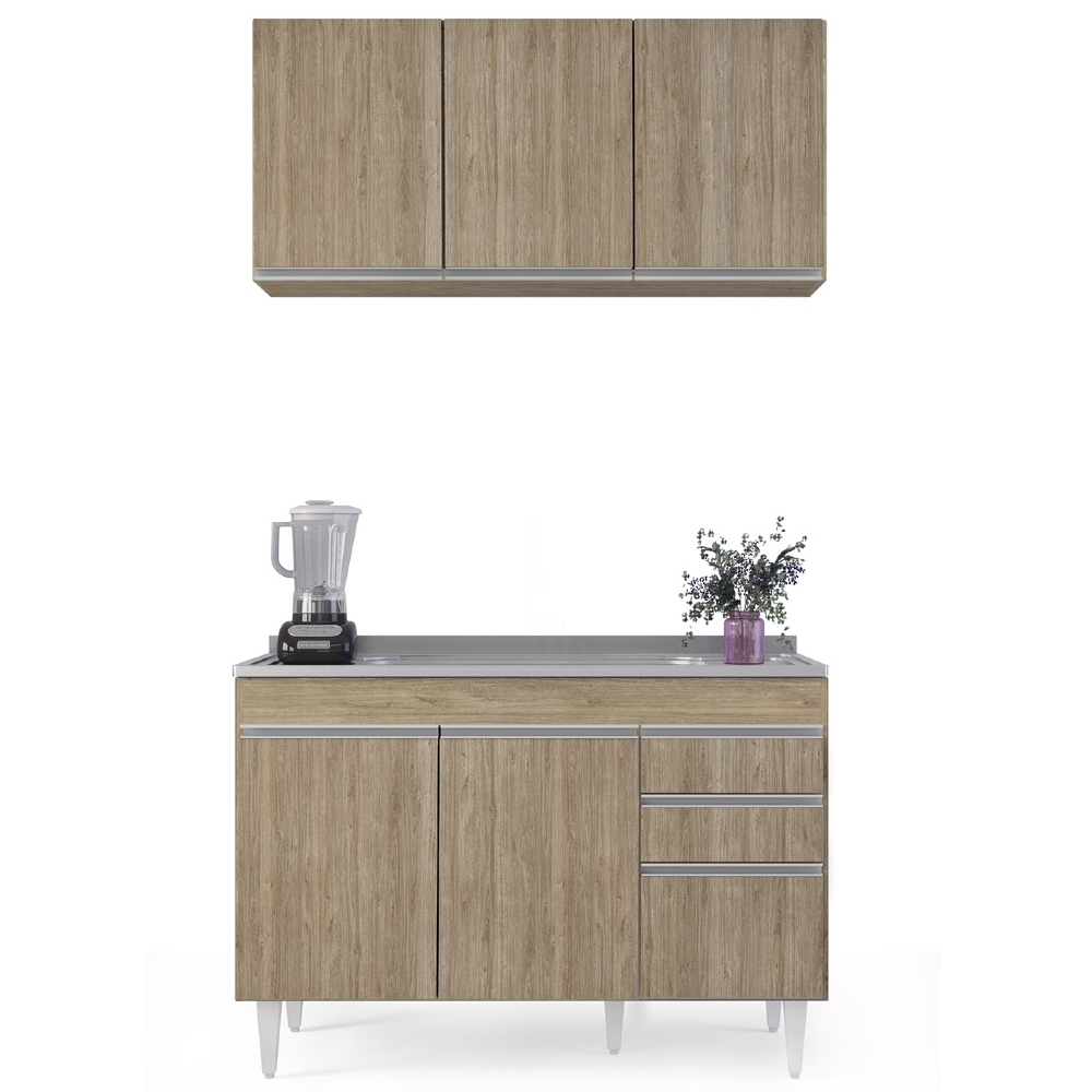 Armário Cozinha e Balcão Com Pia 120cm Michigan Castanho    - Lumil