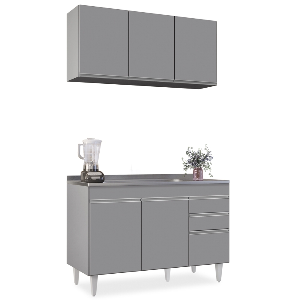 Armário Cozinha e Balcão Com Pia 120cm Michigan Cinza       - Lumil