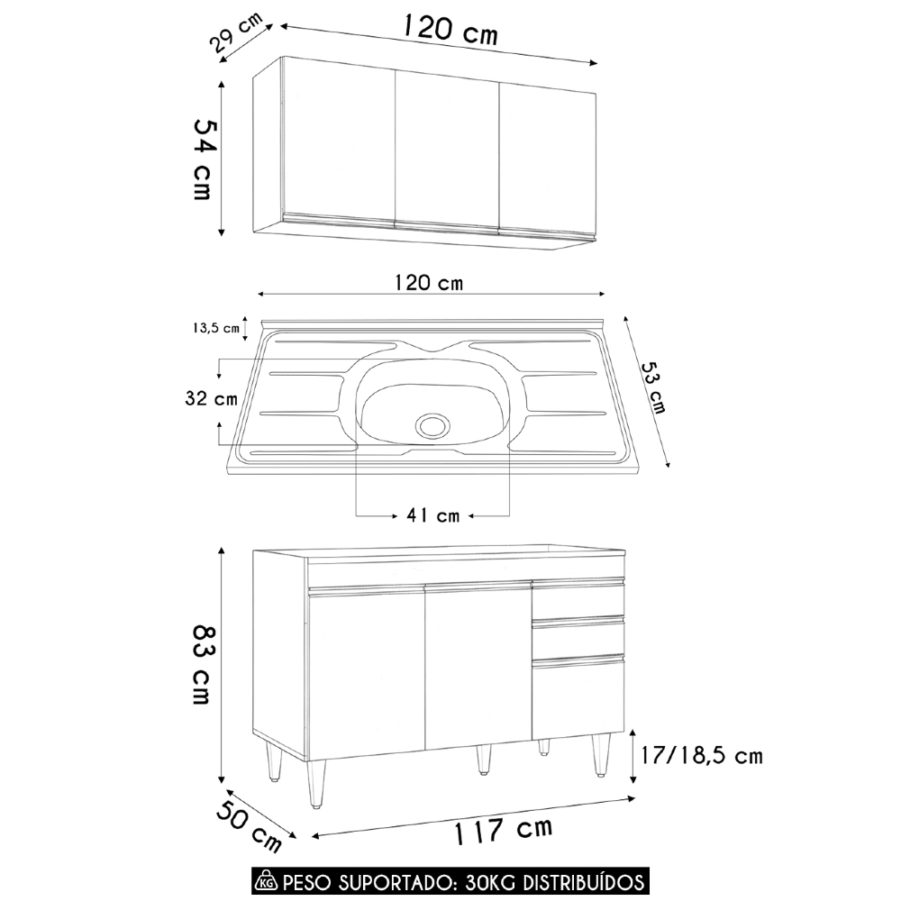 Armário Cozinha e Balcão Com Pia 120cm Michigan Cinza       - Lumil