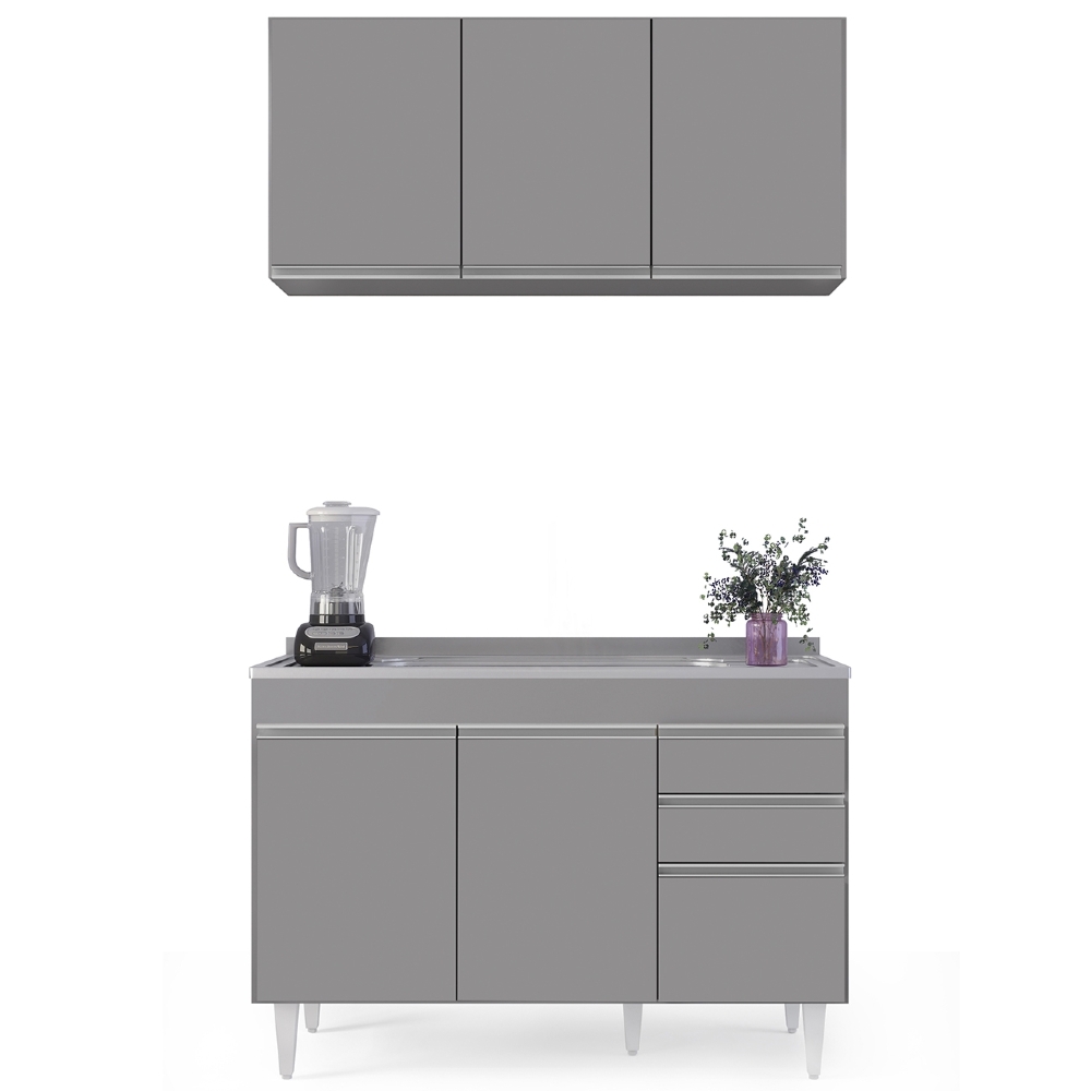 Armário Cozinha e Balcão Com Pia 120cm Michigan Cinza       - Lumil