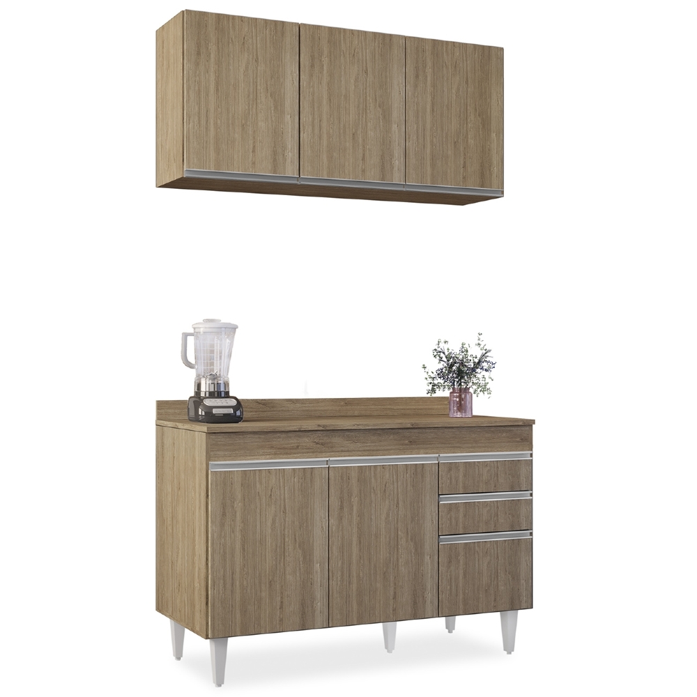 Armário Cozinha e Balcão Com Tampo 120cm Michigan Castanho  - Lumil