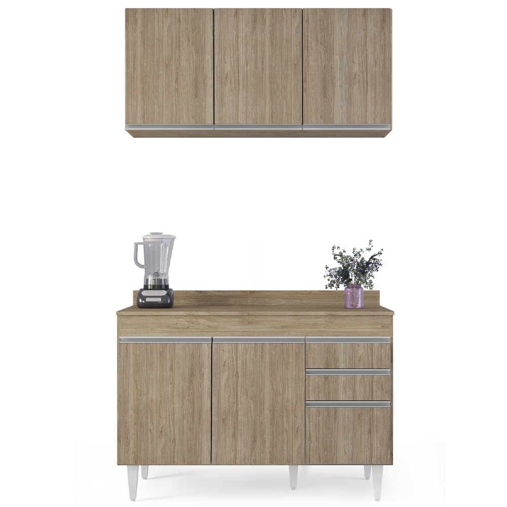 Armário Cozinha e Balcão Com Tampo 120cm Michigan Castanho  - Lumil