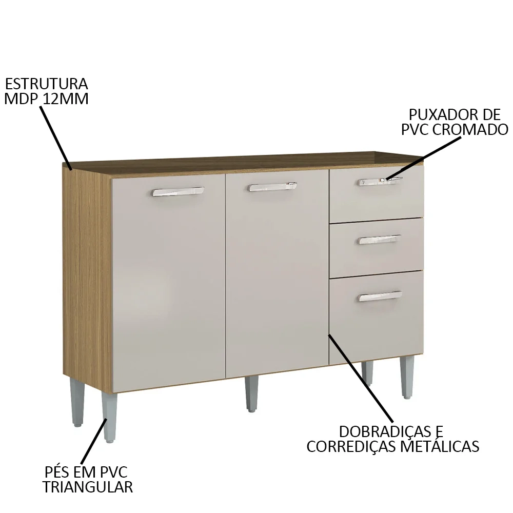 Balcão de Cozinha para Pia 120cm 3 Portas 2 Gavetas Livy Z46 Damasco/Off White - Mpozenato