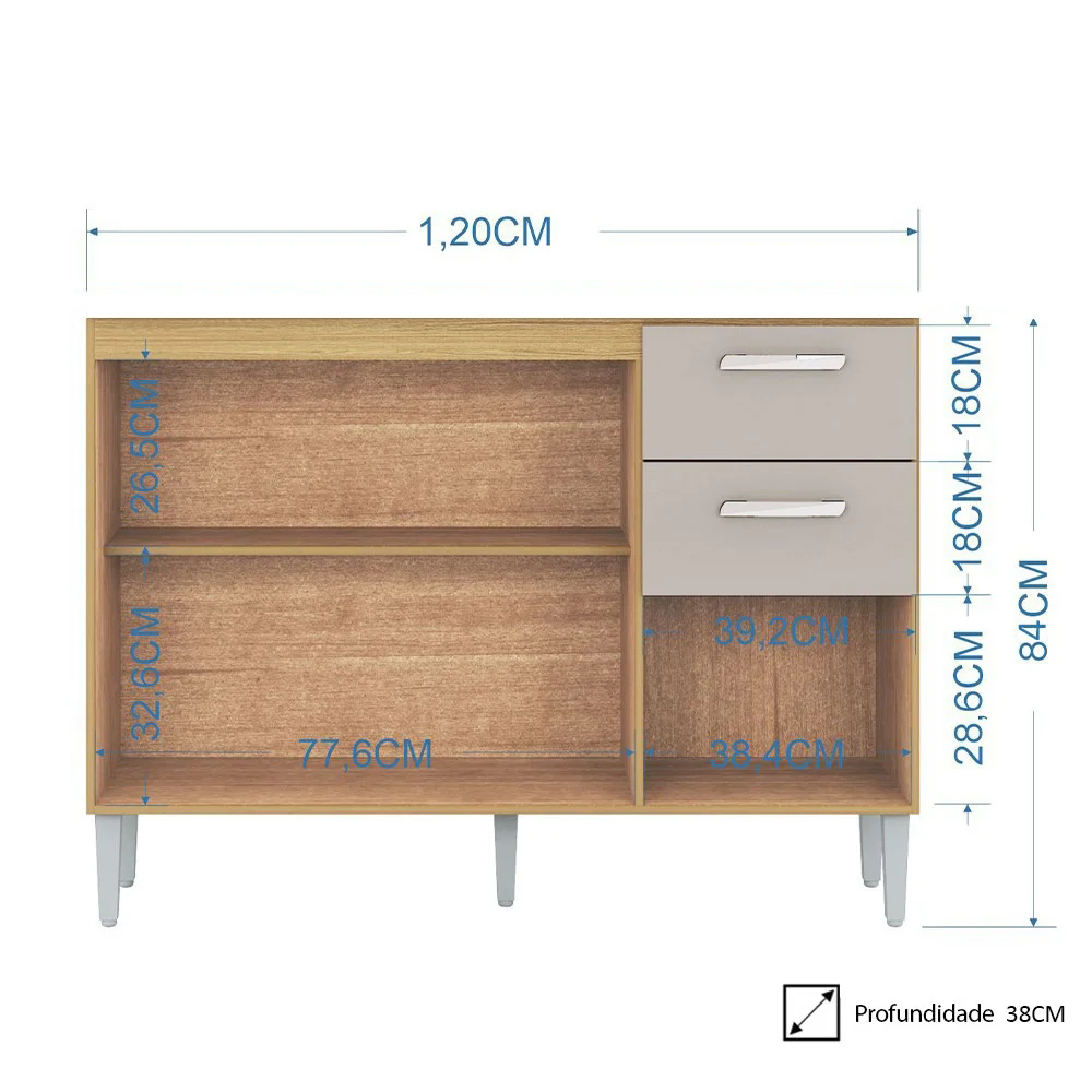 Balcão de Cozinha para Pia 120cm 3 Portas 2 Gavetas Livy Z46 Damasco/Off White - Mpozenato