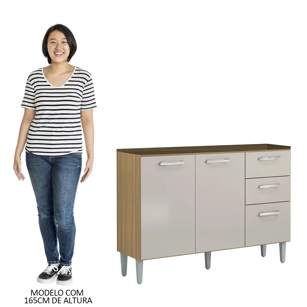 Balcão de Cozinha para Pia 120cm 3 Portas 2 Gavetas Livy Z46 Damasco/Off White - Mpozenato