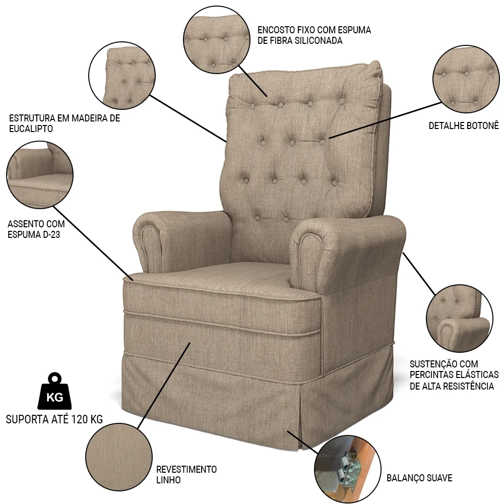 Poltrona de Amamentação e Descanso com Balanço e Puff Laís G05 Linho Areia - Mpozenato