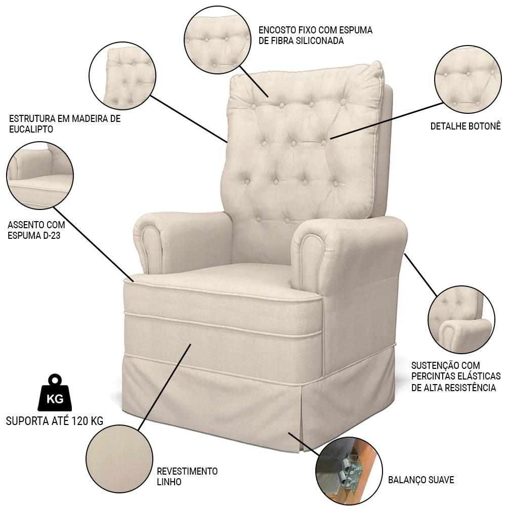 Poltrona de Amamentação e Descanso com Balanço e Puff Laís G05 Linho Creme - Mpozenato