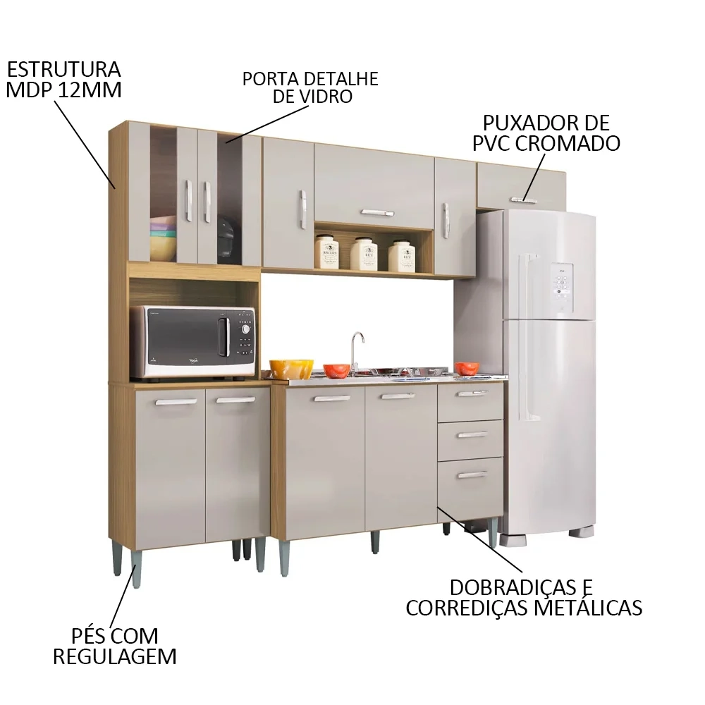 Armário de Cozinha Compacta e Balcão para Pia sem Tampo 244cm Livy Z46 Damasco/Off White - Mpozenato