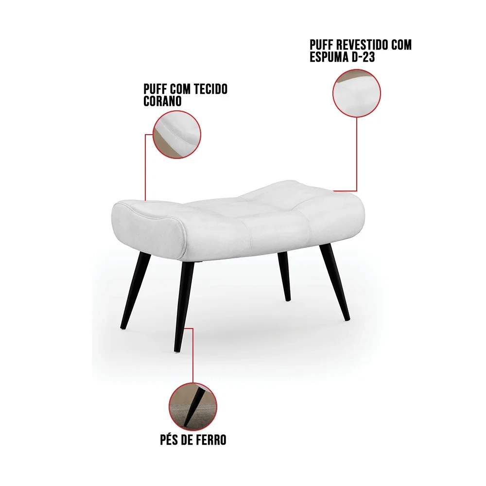 Kit Poltrona e Puff Para Sala de Estar com Almofada e Pés Palito Lord Sintético Branco - Ibiza