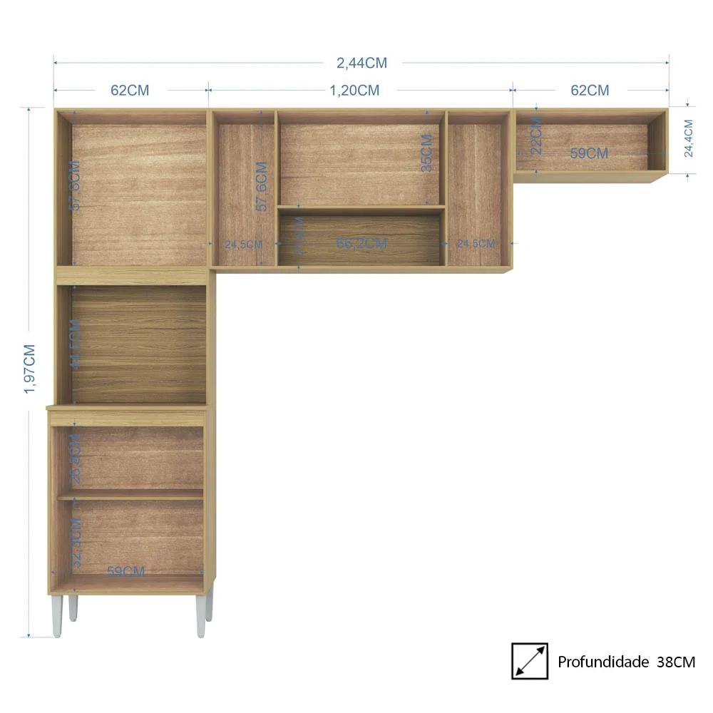 Armário de Cozinha Compacta 244cm 8 Portas Livy Z46 Damasco/Off White - Mpozenato