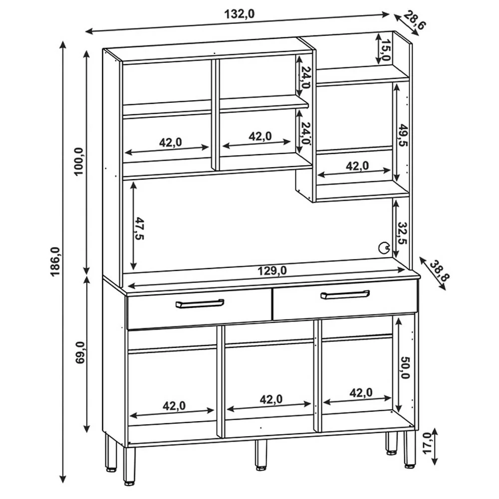 Armário de Cozinha Compacta 132cm Stella Z06 Nogueira/Off White/Ripado - Mpozenato