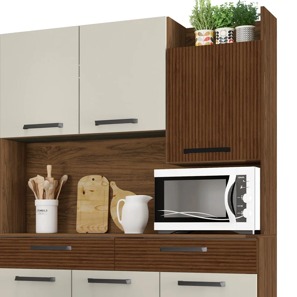 Armário de Cozinha Compacta 132cm Stella Z06 Nogueira/Off White/Ripado - Mpozenato