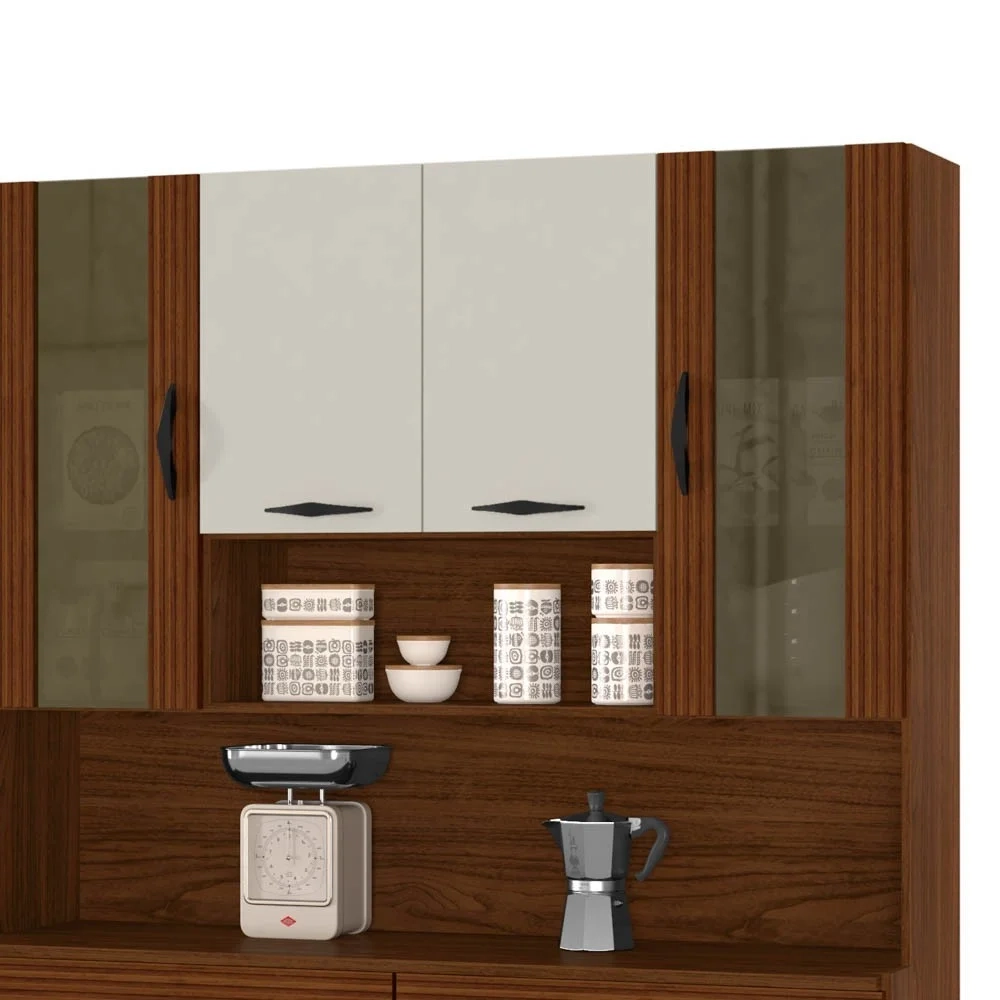 Armário de Cozinha Compacta 121cm Bruna Z06 Nogueira/Off White/Ripado - Mpozenato