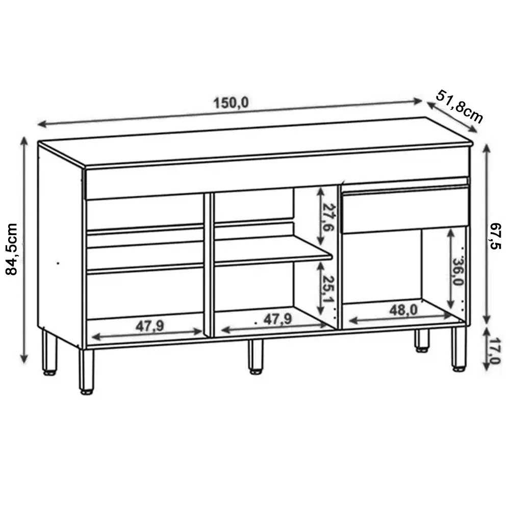 Balcão Gabinete para Pia sem Tampo 150cm Lina Z06 Supremo - Mpozenato
