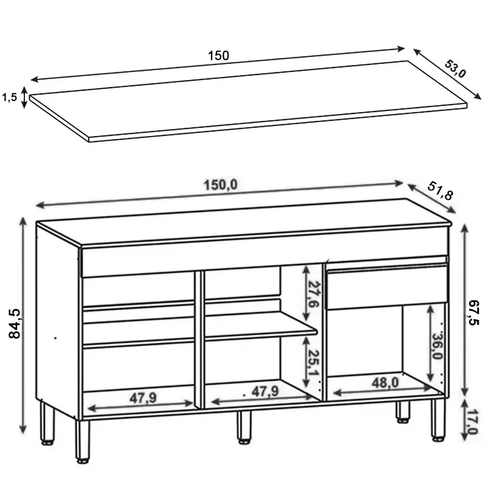 Balcão Gabinete para Pia com Tampo 150cm Lina Z06 Gris - Mpozenato