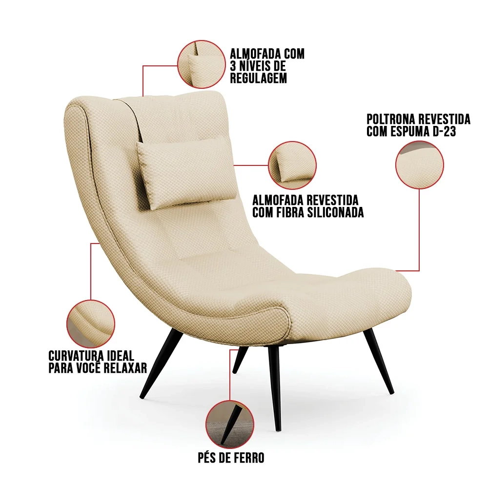 Kit 2 Poltronas Decorativas Sala de Estar Pés Palito Lord Veludo Luxo Off White - Ibiza