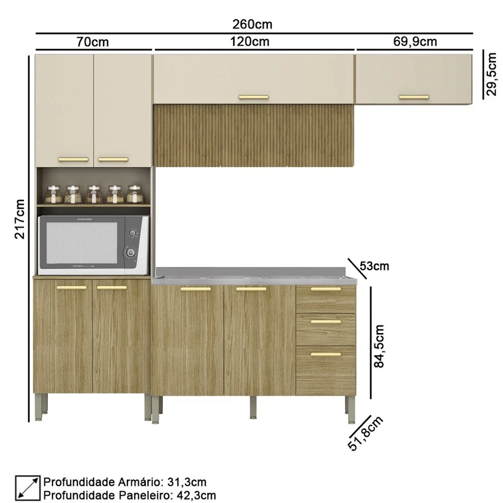 Armário de Cozinha 5 Peças Urban02 Balcão com Pia 120cm Z06 Freijó/Vanilla - Mpozenato