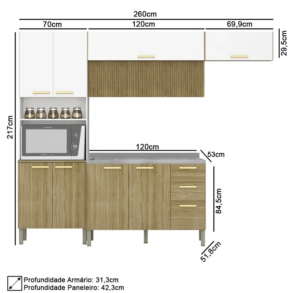 Armário de Cozinha 5 Peças Urban02 Balcão com Pia 120cm Z06 Freijó/Supremo - Mpozenato