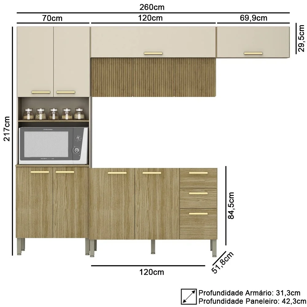 Armário de Cozinha 5 Peças Urban04 Balcão sem Tampo 120cm Z06 Freijó/Vanilla - Mpozenato