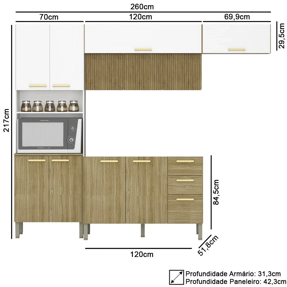 Armário de Cozinha 5 Peças Urban04 Balcão sem Tampo 120cm Z06 Freijó/Supremo - Mpozenato