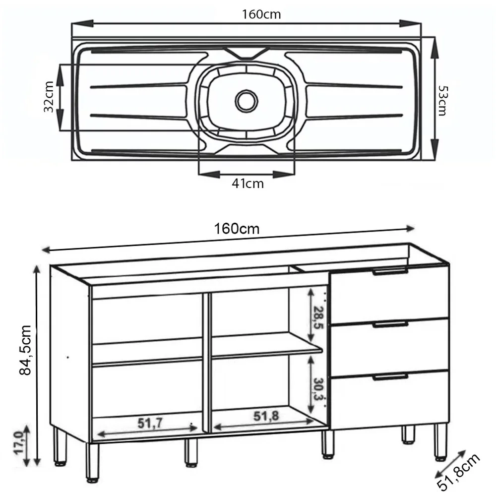 Balcão Gabinete com Pia Inox 160cm Charm Z06 Freijó - Mpozenato