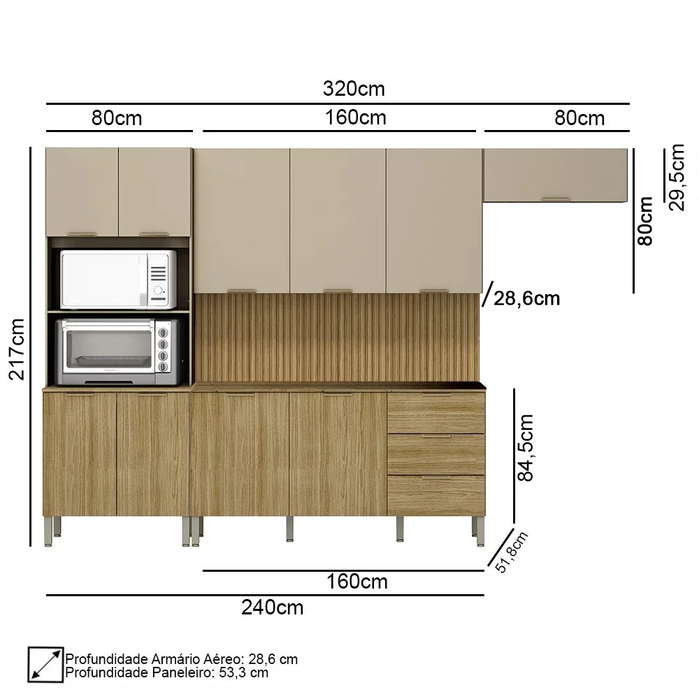 Armário de Cozinha 4 Peças Charm04 Balcão sem Tampo 160cm Z06 Freijó/Vanilla - Mpozenato