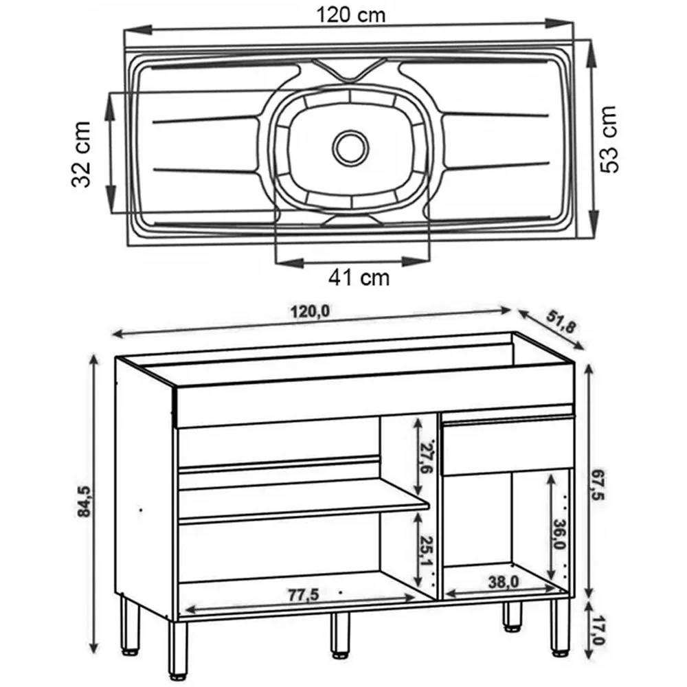 Balcão Gabinete 3 Portas com Pia 120cm Lina Z06 Gris - Mpozenato
