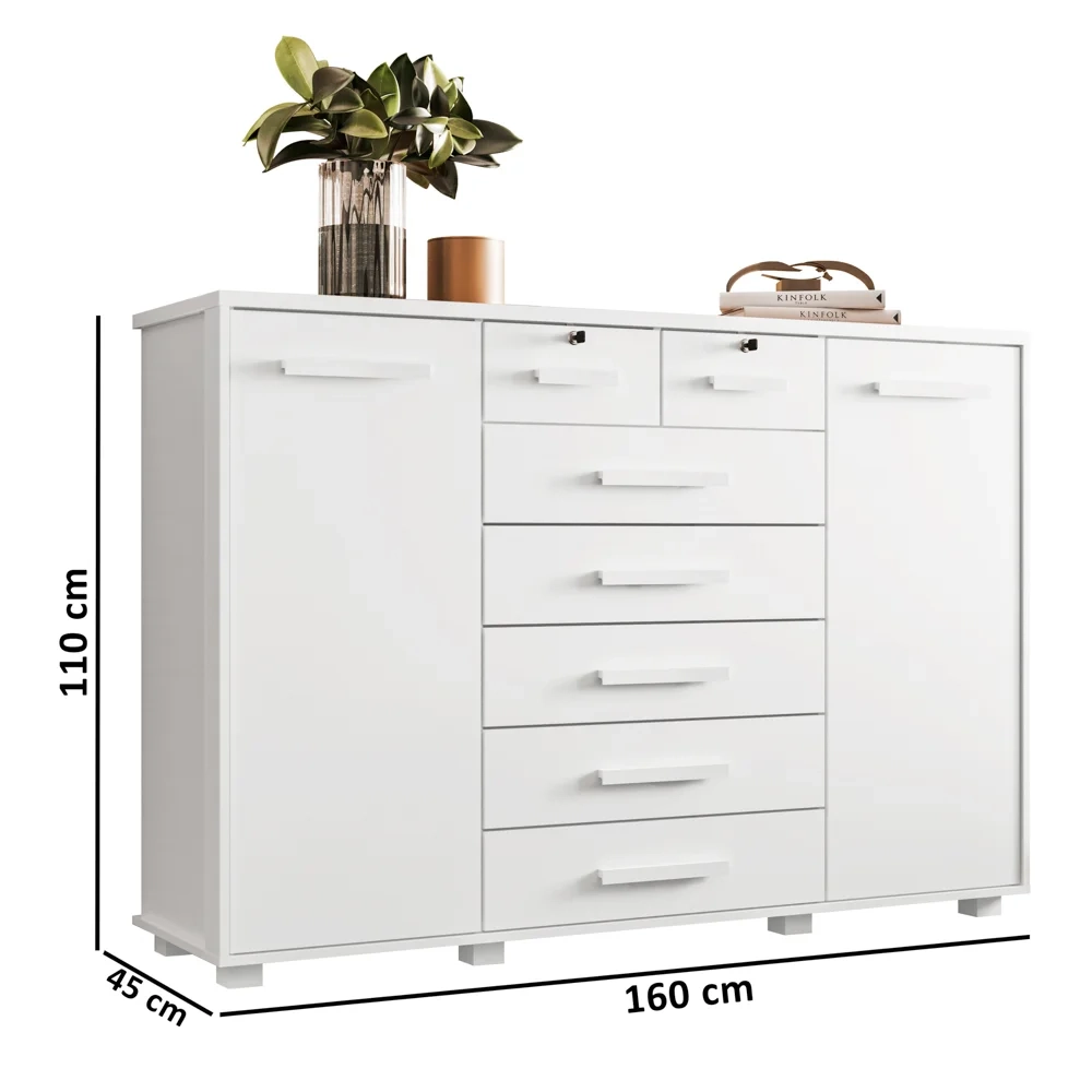 Cômoda Sapateira para Quarto 160cm 2 Portas 7 Gavetas Fontaine A02 Branco Fosco - Mpozenato