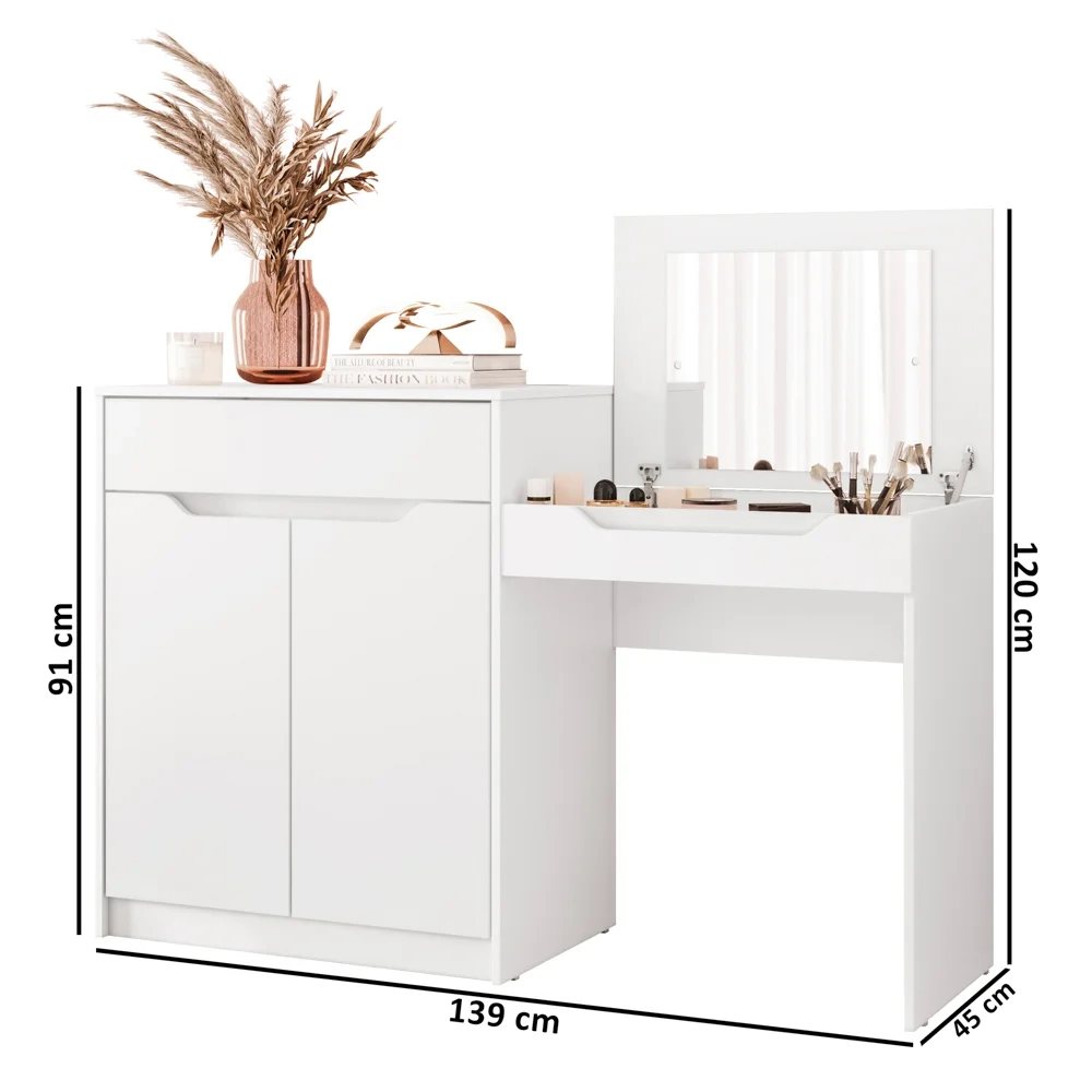 Penteadeira Escrivaninha com Espelho 2 Portas 1 Gaveta Bent A02 Branco Fosco - Mpozenato