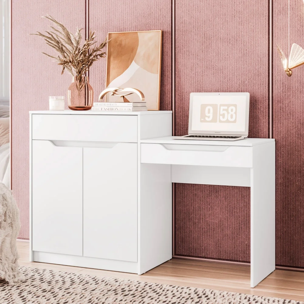 Penteadeira Escrivaninha com Espelho 2 Portas 1 Gaveta Bent A02 Branco Fosco - Mpozenato