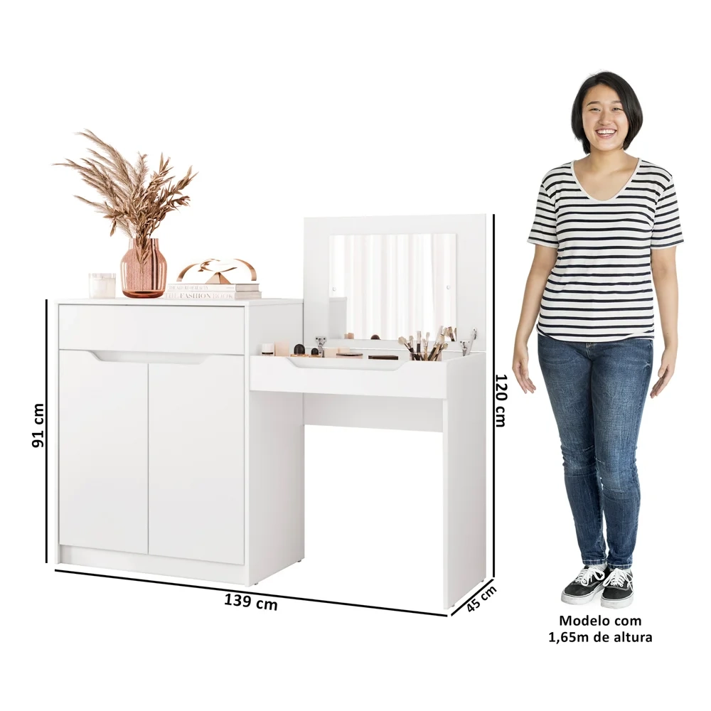 Penteadeira Escrivaninha com Espelho 2 Portas 1 Gaveta Bent A02 Branco Fosco - Mpozenato