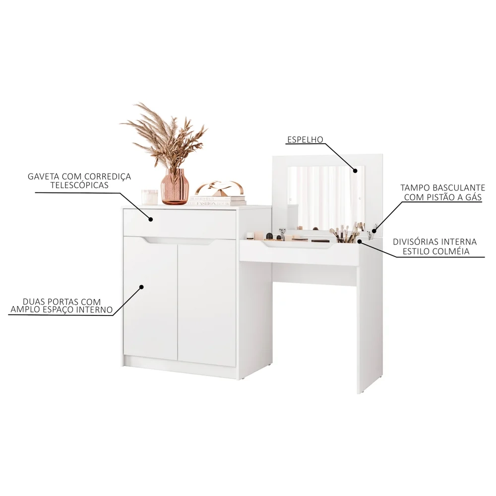 Penteadeira Escrivaninha com Espelho 2 Portas 1 Gaveta Bent A02 Branco Fosco - Mpozenato