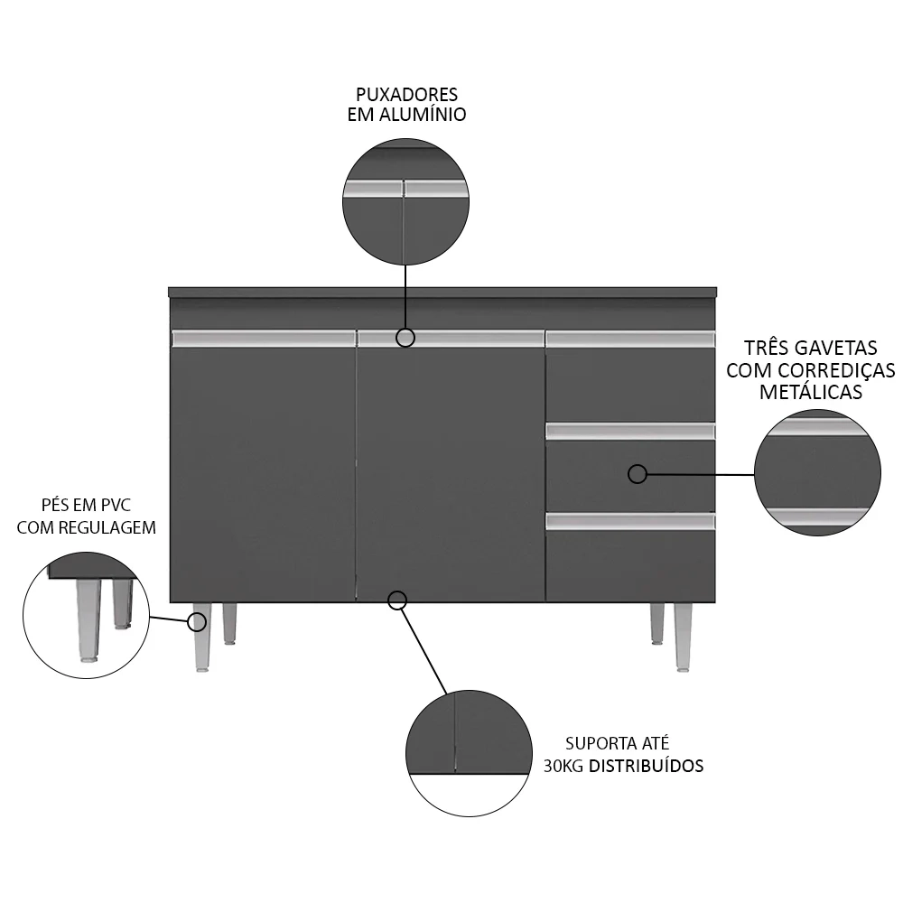 Balcão Gabinete Para Pia 100cm 2 Portas Andréia Cinza - AJL Móveis