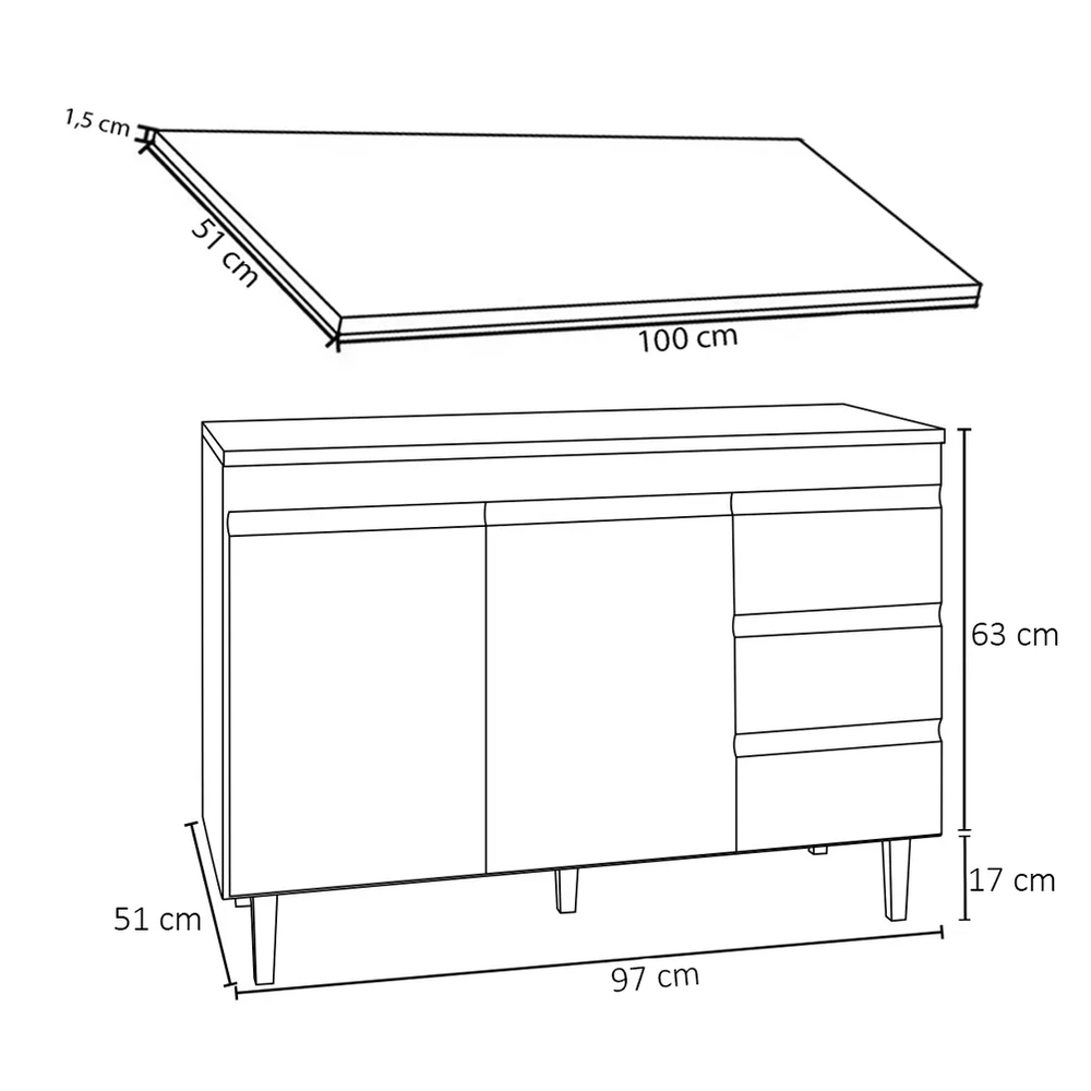 Balcão Gabinete Para Pia 100cm com Tampo 2 Portas Andréia Cinza - AJL Móveis